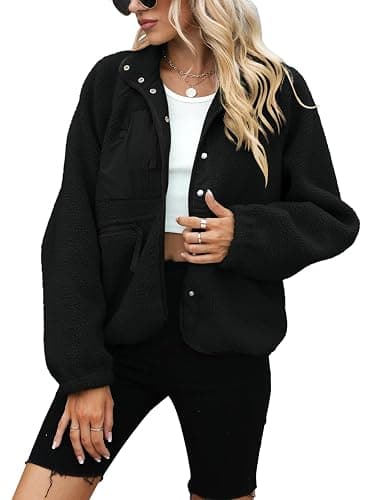 Yanekop Womens Fleece Jacket Fuzzy Long Sleeve Short Winter Coats Button Down Sherpa Jacket Outerwear with Pockets thumbnail 2