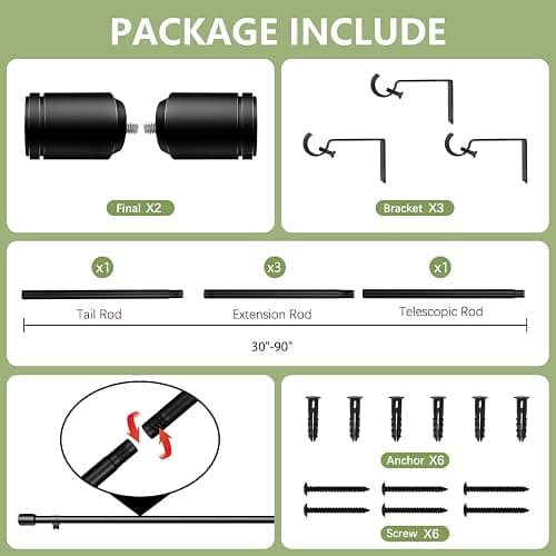 5/8” Diameter Curtain Rods 30-90 Inch, for 30-84 Inch Windows, Adjustable Splicing Black Curtain Rods for Windows with Brackets, Window Rod Long Small Curtains Rod thumbnail 4