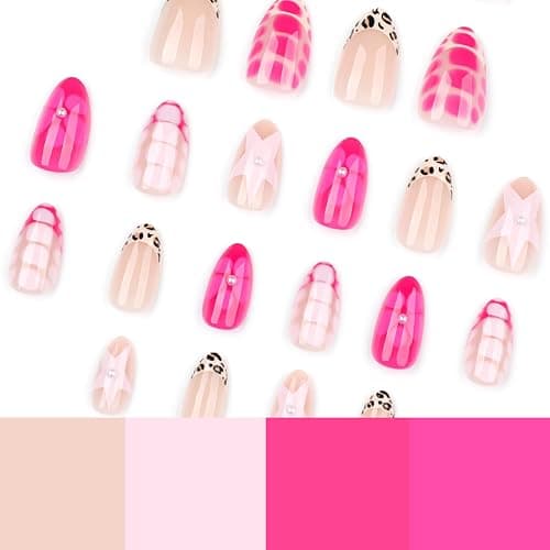 24Pcs Cute Almond Press on Nails Short Fake Nails with Flower Star Pattern Design Leopard French Tip Press on Nails Artificial Flower Nails Press ons Pink Full Cover Stick on Nail for Women thumbnail 4