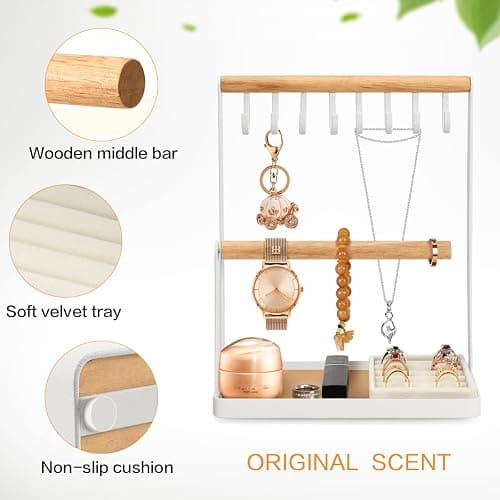 Jewelry Stand with Velvet Ring Holder, 3 Tier Necklace Hanging Wooden Ring Organizer Earring Tray, 8 Hooks Storage Necklaces, Bracelets, Rings and Watches on Desk Tabletop -White thumbnail 5