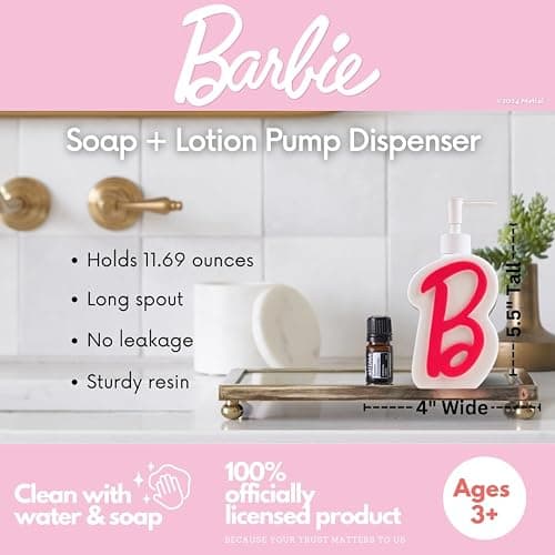 Barbie Pink B Monogram Soap/Lotion/Hand Sanitizer Resin Pump Dispenser, 11.69 Ounces, (Officially Licensed Product) by Franco thumbnail 2