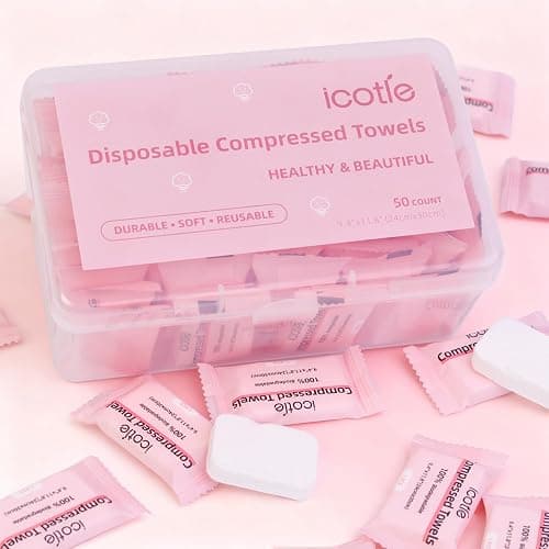 ICOTLE 50 Pcs Compressed Towels Disposable Cotton Coin Tissue Pack, Portable Face Cloths, Soft Thick Expandable Wash Towels for Travel, Home, Camping, Outdoor, Gym, Makeup Removal thumbnail 2