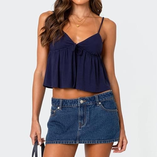 Women's Y2K Babydoll Cami Top Sleeveless V Neck Tie Front Crop Top Ruffle Hem Peplum Tank Shirt Going Out Camisole thumbnail 2