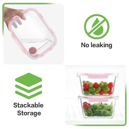 HOMBERKING 4 Pieces 63oz/8cup Large Glass Food Storage Containers with Lids, Meal Prep Containers, Airtight Bento Boxes with Leak Proof Locking (2 Containers + 2 Lids), Microwave, Oven Safe-Pink thumbnail 5