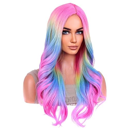 BERON Rainbow Ombre Wigs Long Wavy Wig for Women Colorful Ombre Curly Heat Resistant Synthetic Hair Wigs for Daily Used with Wig Cap - Colorful thumbnail 2