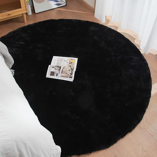 ORINOVA Black Rabbit Shaggy Fur Rug for Bedroom Washable Furry Circle Area Rugs for Living Room Kids Small Round Rug 3ft Nursery Rug thumbnail 4