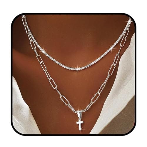 Yalice 925 Sterling Silver Sparkly Necklace Layered Dainty Chain Necklace Silver Cross Pendant Paperclip Necklaces Waterproof Minimalist Jewelry Gifts - Image 1