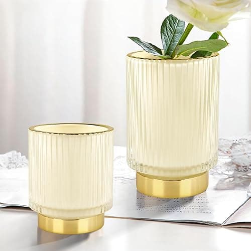 DASITON Makeup Brush holder Organizer,Crystal Cosmetic Makeup Brush Glass Brushes Storage Holder, Vintage Make Up Brush Cup Pen Pencil Holder striped vase(Cream S+L) thumbnail 2