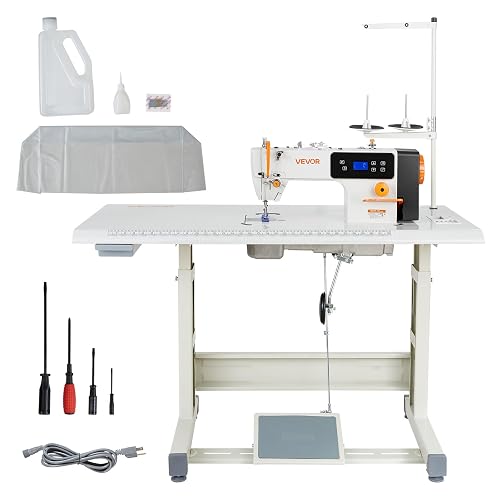 VEVOR Industrial Sewing Machine, 550W Lockstitch Sewing Machine Set with Servo Motor and Table Stand, 5000 SPM High Speed, Metal Frame, LCD Panel, LED Light, for Cotton, Wool, Denim, Leather, Canvas - Image 1