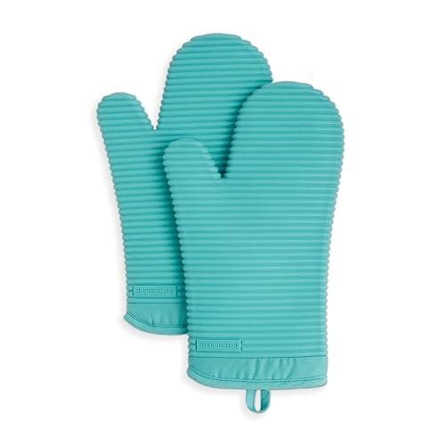 KitchenAid Ribbed Soft Silicone Oven Mitt Set, 7"x13", Aqua Sky 2 Count - Image 1