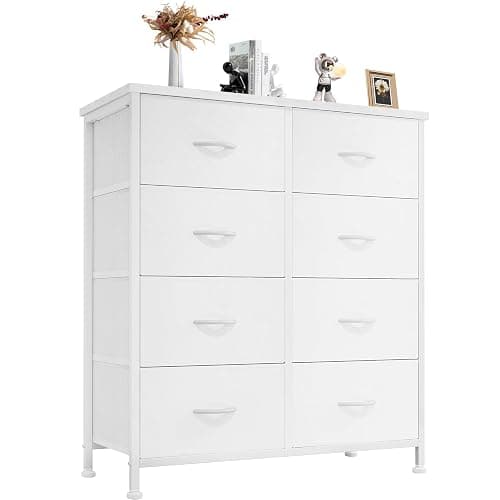 DUMOS Dresser for Bedroom with 8 Fabric Drawers, Tall Chest Organizer Units for Clothing, Closet, Kidsroom, Storage Tower with Cabinet, Metal Frame, Wooden Top, Lightweight Nursery Furniture, White - Image 1