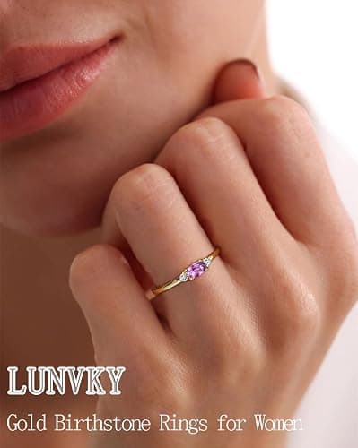 Lunvky 14k Gold Plated Birthstone Rings for Women Dainty Stackable Rings Non Tarnish Thumb CZ Emerald Green Gemstone Ring Cute Jewelry Birthday Valentine Gift for Mother Daughter Band Size 6-11 thumbnail 2