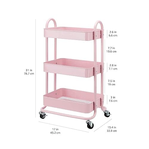 Amazon Basics 3-Tier Rolling Utility or Kitchen Cart, Lockable Wheels, Multifunctional Storage, Dusty Pink thumbnail 3