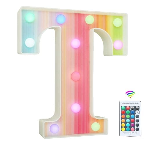 Rainbow Light Up Letters, Colorful LED Letter Lights 16 Color Changing Alphabet Sign Gifts for Girls Women Party Birthday Decorations Remote Night Light Christmas Valentine Wall Table Decor - T - Image 1