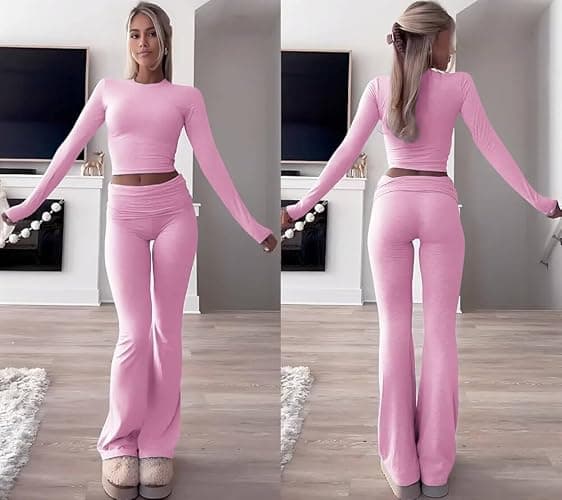 ZFLM Casual Workout Two Piece Outfits Long Sleeve High Waist Fold-Over Flared Leggings Pants Tracksuit Sets Streetwear thumbnail 3