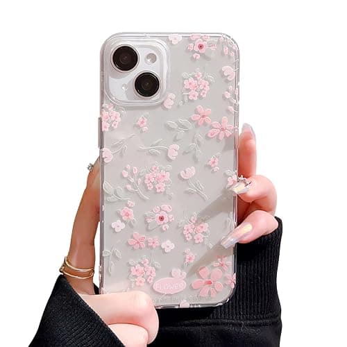 Reownest Compatible for iPhone 15 Case for Clear Pink Flower Cute Aesthetic Design Floral Women Teen Girls Silicone Slim Cover Protection Phone Cases-Clear - Image 1
