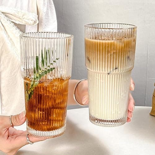 TUZAZO 20 Oz Glass Tumblers with Lids and Straws - 2 Pack Ribbed Glass Iced Coffee Cup with Straw and Lid, Thicken Glasses, Ideal for Smoothieds, Cocktails, and Juices thumbnail 2