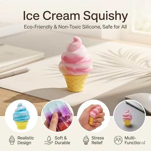 Ice Cream Squishy Toy, Slow Rise Sensory Fidget for Stress Relief, Soft Squeeze Desk Toy for Party Favors, Gifts, and Everyday Play (3-piece Set) thumbnail 3