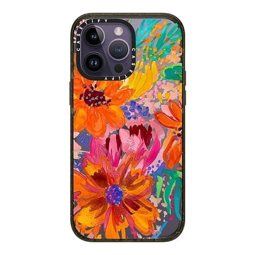 CASETiFY Impact Case for iPhone 14 Pro Max [Slim / 8.2 ft. 4X Military Grade Drop Protection/Wireless Charging Compatible] - EttaVee Watercolor Fleurs - Clear Black - Image 1
