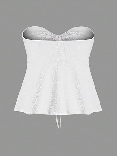 Milumia Women Tie Front Ruched Tube Top Strapless Flared Hem Peplum Bandeau Tops - Small - White thumbnail 2