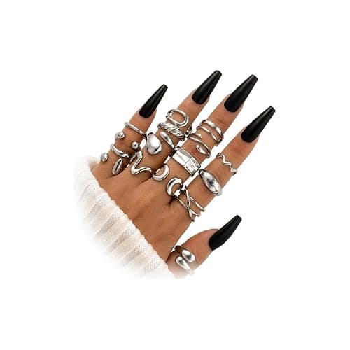 17KM 16 PCS Silver Chunky Rings Set for Women, 14k Silver Plated Thick Dome Stackable Open Rings Trendy Dainty Minimalist Jewelry Gifts - Image 1