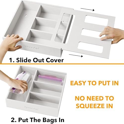 SpaceAid Bag Storage Organizer for Kitchen Drawer, Bamboo Organizer, Compatible with Gallon, Quart, Sandwich and Snack Variety Size Bag (1 Box 4 Slots), White thumbnail 5