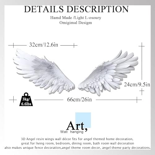SUN RDPP Angel Wings Wall Decor, 3D Large White Angels Wings Wall Sculptures Art Decor, Angel Wings Statue Ornament for Wall Living Room Bedroom thumbnail 7