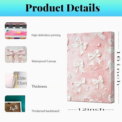 Pink Bow Canvas Wall Art Set of 3 Coquette Oil Painting Cute Bow Posters Wall Decor Trendy Preppy Print Picture for Back to School Bedroom Bathroom College Dorm 12x16 In Framed thumbnail 3
