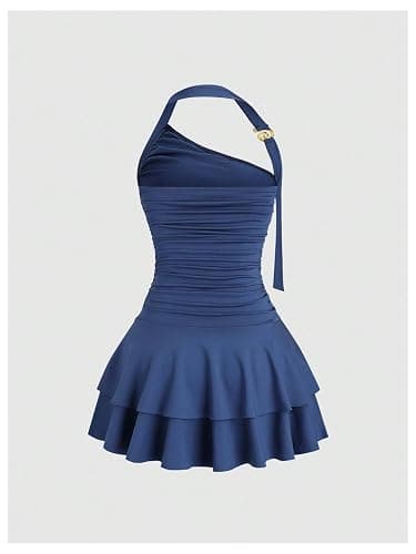 MakeMeChic Women's Y2k Halter Mini Dress Backless Ruffle Short Going Out Dress thumbnail 3