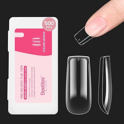 Beetles Medium Square Nail Tips, 500Pcs Nail Kit Medium Square | Pre Shaped Clear Full Cover False Nails for Gel Art Polish Soak Off Lamp Nail Extensions Acrylic Press on Nail Tips - Image 1