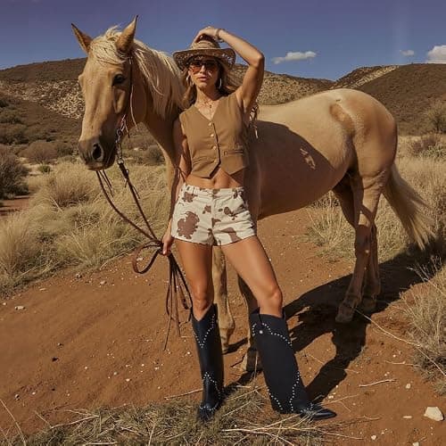 Erocalli Shark Fold Over Cowboy Cowgirl Boots Studded - Knee High, Tall, Western, Slouch, Pointed Toe, Pull on, Fashion Boot, Dress thumbnail 5