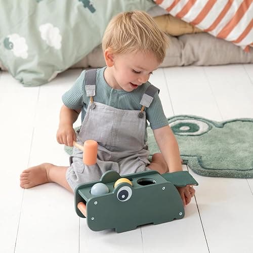Done by Deer Hammer Board Croco Green - Wooden Activity Toy for Hand-Eye Coordination and Sense of Hearing - Green Color with Colorful Elements - Soft, Durable Fabric Flap with Crinkling Sound thumbnail 6