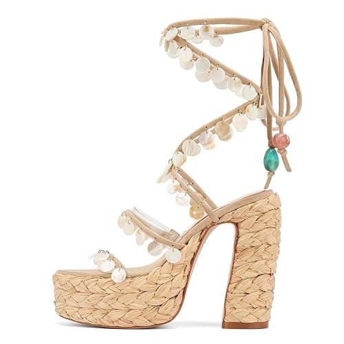 FYS Women's Strappy Platform Sandals Shell Embellishemnt Shoes | Chunky Block High Heels Lace Up Shell Decorated Ankle Strap Dress Shoes for Summer Vacation Resort Wear thumbnail 3