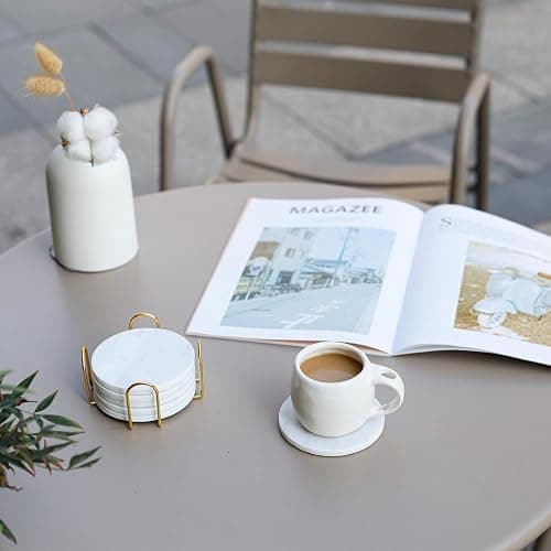 YONGHEE Carrara White Marble Coasters Set of 6 with Holder, Elegant Modern Round White Marble Drink Coasters for Coffee Table Decor, Semi Absorbent Stone Coaster for Drinks, Velvet Backed thumbnail 6