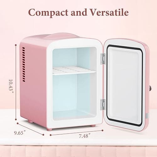 Xbeauty Retro Mini Fridge, Compact Refrigerator with 4L Capacity/6 Cans，Cooler & Warmer, Removable Shelf for Skincare, Beverages, Cosmetics, Perfect for Dorm, Bedroom, Pink thumbnail 2