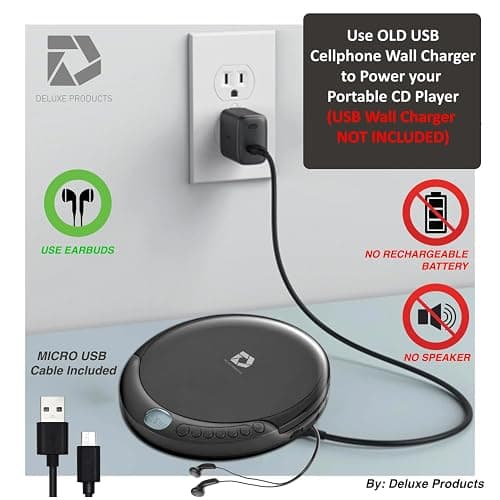 Deluxe Products CD Player Portable with 60 Second Anti Skip, Stereo Earbuds, Includes Aux in Cable and AC USB Power Cable for use at Home or in Car thumbnail 5