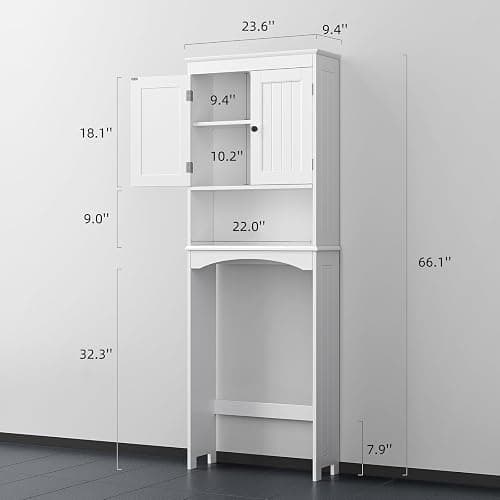 Bealife Over The Toilet Storage Cabinet with Open Shelf, Organizer with Adjustable Shelf and Double Doors,Over The Toilet Storage Shelf Free Standing- White thumbnail 2