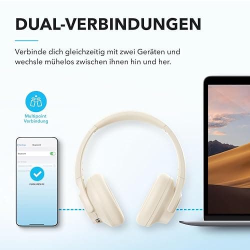 soundcore by Anker Q20i kabelloser Bluetooth Over-Ear-Kopfhörer mit Hybrid Active Noise Cancelling, 40h Spielzeit im ANC-Modus, Hi-Res Audio, tiefer Bass, Personalisierung per App(Weiß) thumbnail 7