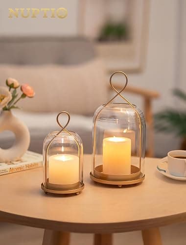 NUPTIO Glass Lanterns Decorative Outdoor: Gold Hurricane Candle Holders for Pillar Candles - Set of 2 Hanging Lantern for Home Thanksgiving Christmas Party Centerpiece thumbnail 6
