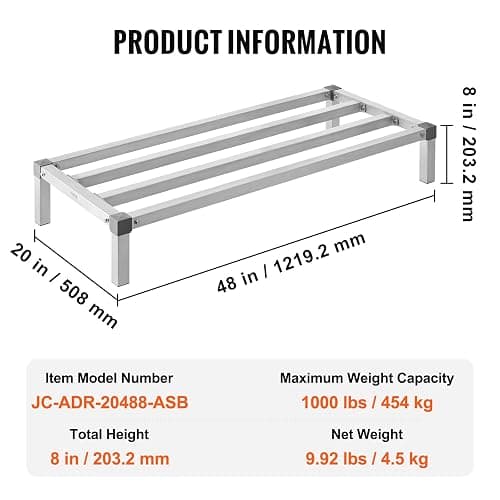 VEVOR Aluminum Dunnage Rack, 48” x 20” Commercial Food Floor Rack, 8” Off the Floor, 1000 lbs Capacity All-Welded Aluminum Storage, for Storage in Restaurants, Kitchens, Garages and Vehicles thumbnail 3