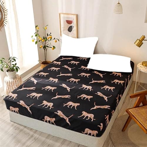 JQWUPUP Animal Leopard Print Double Fitted Sheet, Microfiber Deep Fitted Bed Sheet for Double Bed 135 x 190cm(Double, Black) thumbnail 3