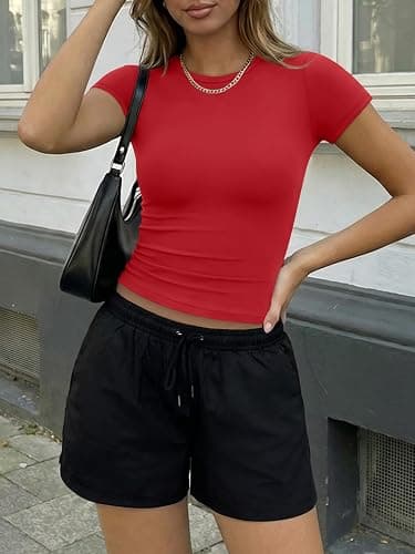 Trendy Queen Womens Short Sleeve Crewneck Basic Stretchy Crop T-Shirts 2026 | Buttery Soft Skin Feel, Non See Through, Gym to Street, Chic Layering Base, Summer Clothes thumbnail 5