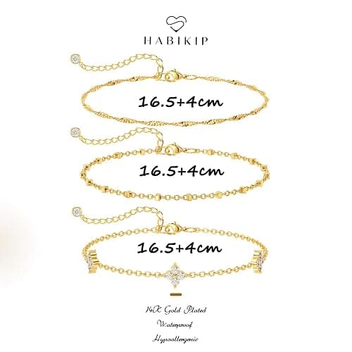 HABIKIP 14K Gold Plated Bracelet for Women, Stackable Link Bracelet Set | Adjustable Minimalist Bracelet with Cubic Zirconia, Dainty Layered Waterproof Jewelry, Trendy Gifts thumbnail 4