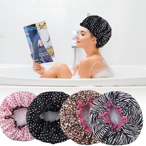 4 Pcs Shower Cap for Women, Shower Cap Reusable Waterproof Double Layers Shower Hat Bath Caps for Short and Medium Hair thumbnail 4