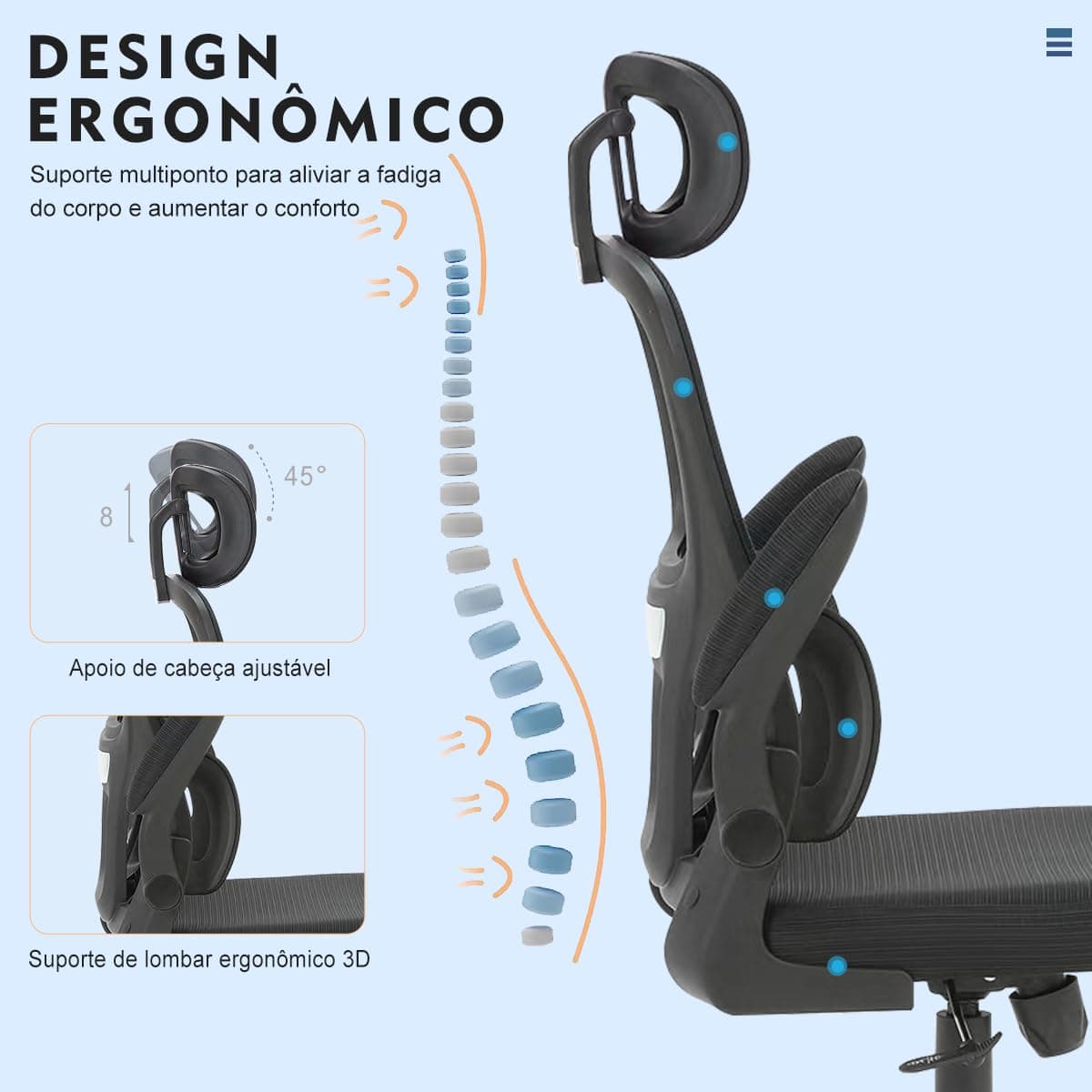 Cadeira de escritório, design ergonômico com suporte lombar independente, malha respirável e encosto de cabeça ajustável (Preto) thumbnail 4
