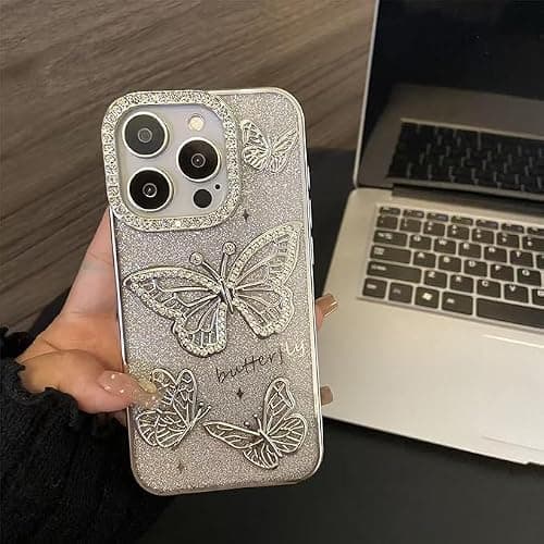 QKD for iPhone 14, Cute 3D Butterfly Glitter Case 6.1" – Plated Slim Protective Cover with Camera Protection, Drop-Resistant Bumper for Women & Girls (Silver) thumbnail 3