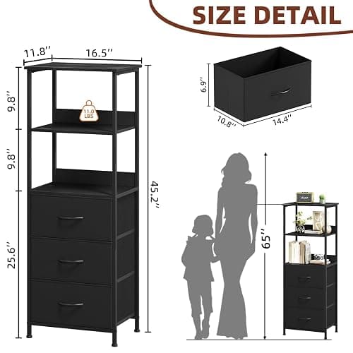 Somdot 3 Tier Bookshelf with Drawer, Tall Bookcase with Shelves, Bookshelf Desktop Organizer, Display Standing Shelf Units for Living Room, Bedroom, Study Room, Black thumbnail 3
