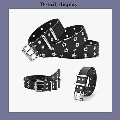 UICIOP Gothic Belt Star Rivet Double Needle Buckle PU Leather Belt Men's and Women's Jeans Fashion Belt - Black - One Size thumbnail 4