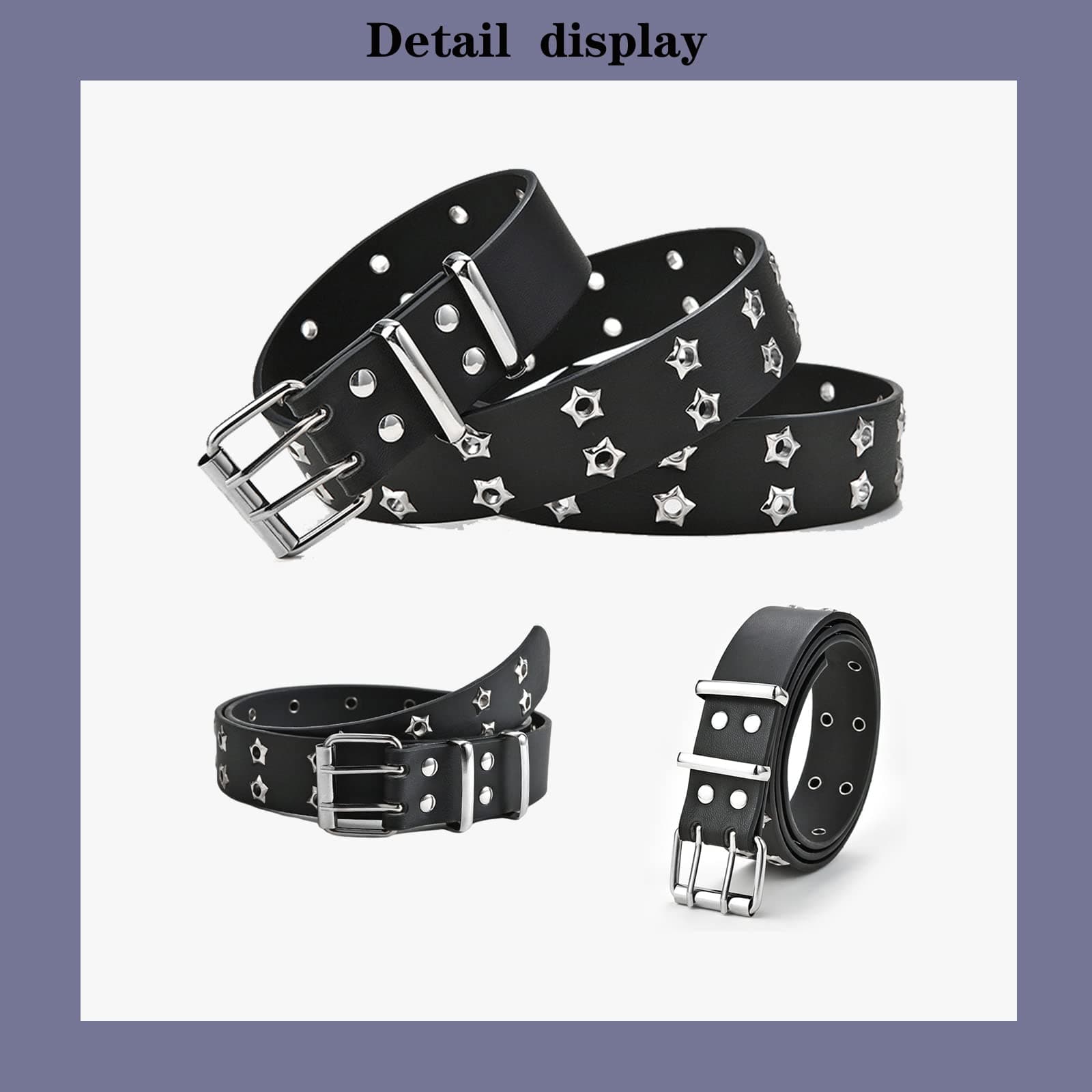 UICIOP Gothic Belt Star Rivet Double Needle Buckle PU Leather Belt Men's and Women's Jeans Fashion Belt - Black thumbnail 4