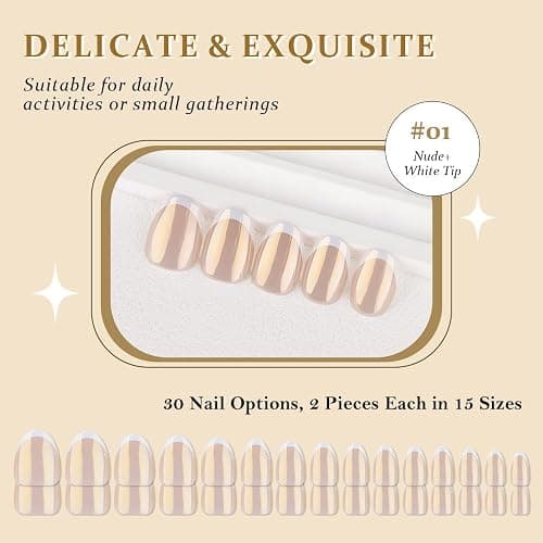 evpct Nude White French Tip Chrome Glazed Press on Nails Short Round Oval | No Glue, Women Manicure with Kit, Soft Reusable, Perfectly Fit, Acrylic Fake Nail, Salon-quality, Full Cover, Daily Wear thumbnail 7